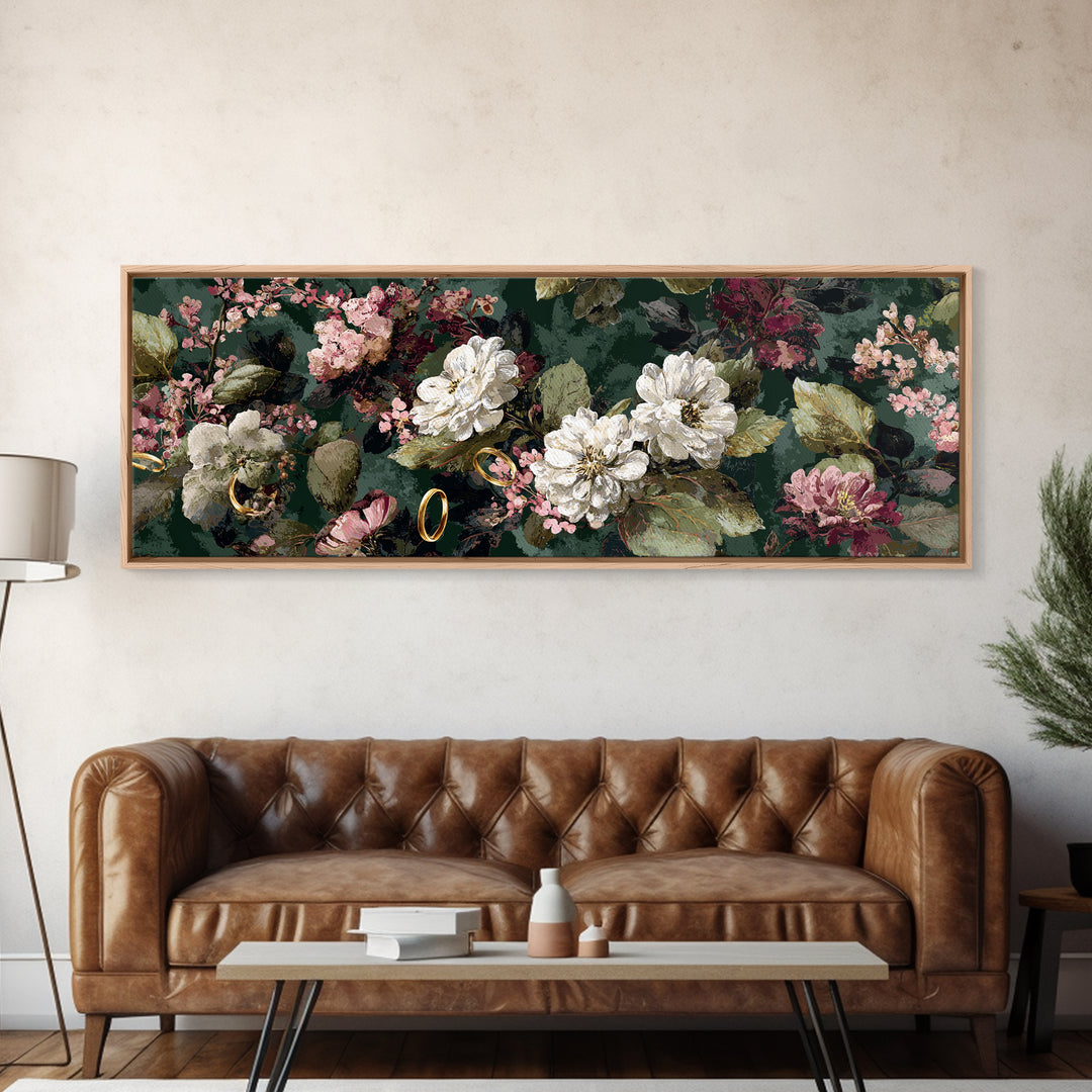 Gold Rings Resting on Velvet and Flowers Framed Canvas Print, Wedding Art, Custom Portrait, Living Room Decor, Romance, WED-3x1-67