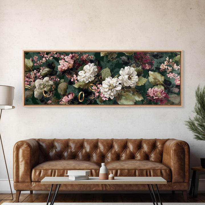 Gold Rings Resting on Velvet and Flowers Framed Canvas Print, Wedding Art, Custom Portrait, Living Room Decor, Romance, WED-3x1-67