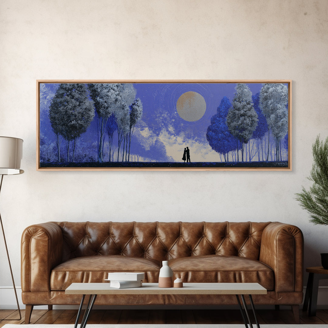 Couple Silhouette Beneath Moonlit Trees Framed Canvas Print, Wedding Art, Downloadable Art, Living Room Decor, Romance, WED-3x1-69