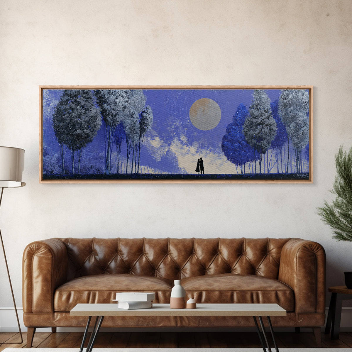 Couple Silhouette Beneath Moonlit Trees Framed Canvas Print, Wedding Art, Downloadable Art, Living Room Decor, Romance, WED-3x1-69
