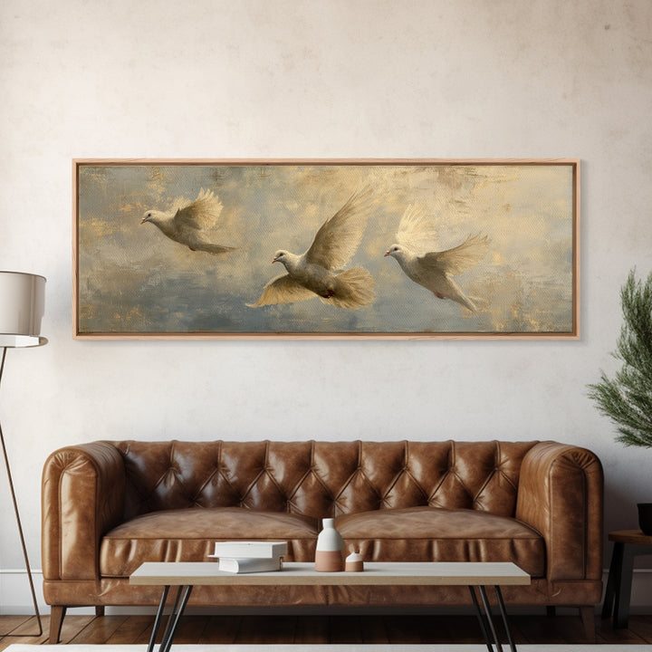 Doves Flying Through Soft Golden Light Canvas Print, Wedding Art, Wedding Guest Book, Living Room Decor, Fine Art, Romance, WED-3x1-75