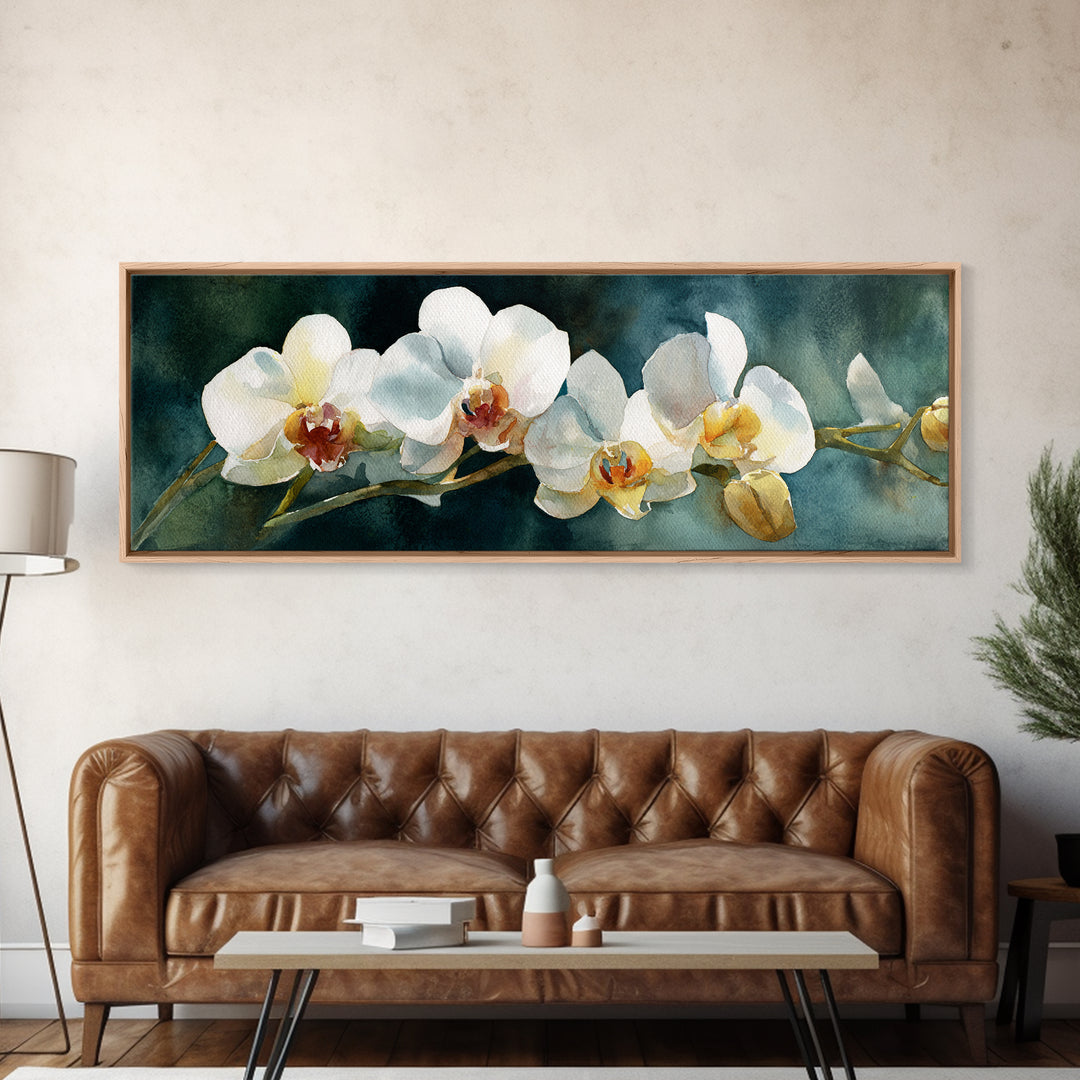 White Orchid and Gold Ribbon Composition Canvas Print, Wedding Art, Textured Painting, Living Room Decor, Oil Painting, Romance, WED-3x1-88