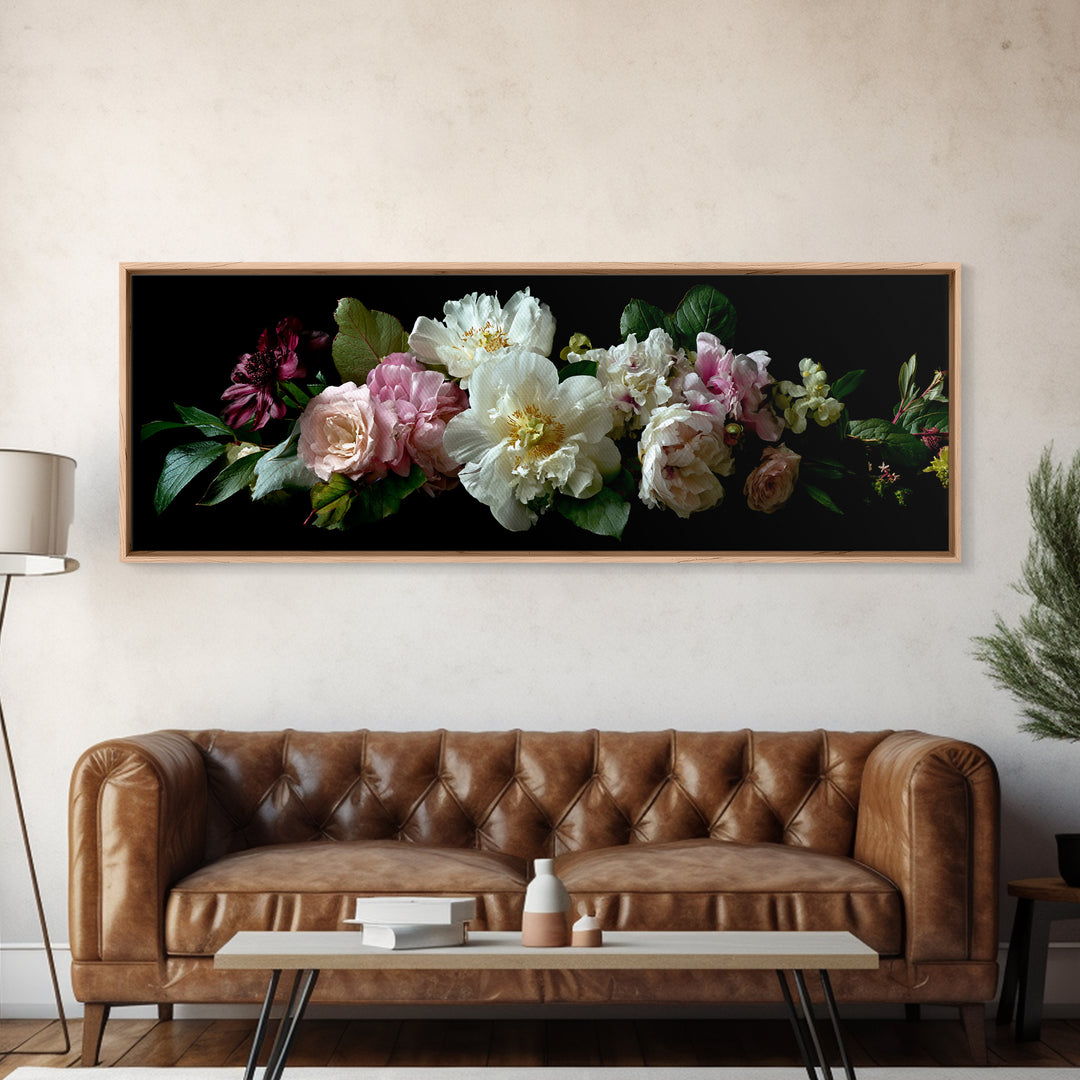 Romantic Bouquet of White Roses and Peonies Framed Canvas Print, Wedding Art, Beach Wedding, Living Room Decor, Oil Painting, WED-3x1-89
