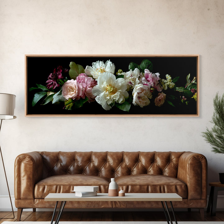Romantic Bouquet of White Roses and Peonies Framed Canvas Print, Wedding Art, Beach Wedding, Living Room Decor, Oil Painting, WED-3x1-89