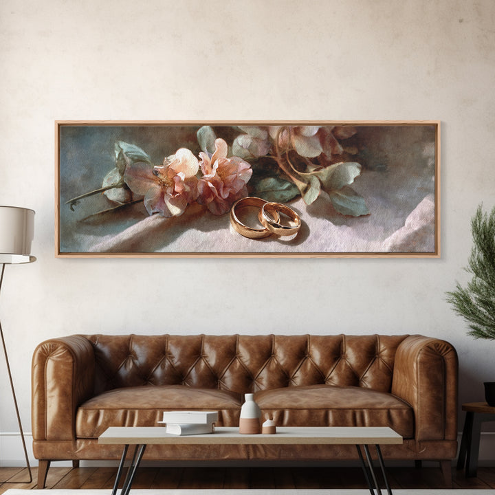 Gold Rings Resting on Velvet and Flowers Canvas Print, Wedding Art, Wedding Stationery, Living Room Decor, Fine Art, Romance, WED-3x1-91