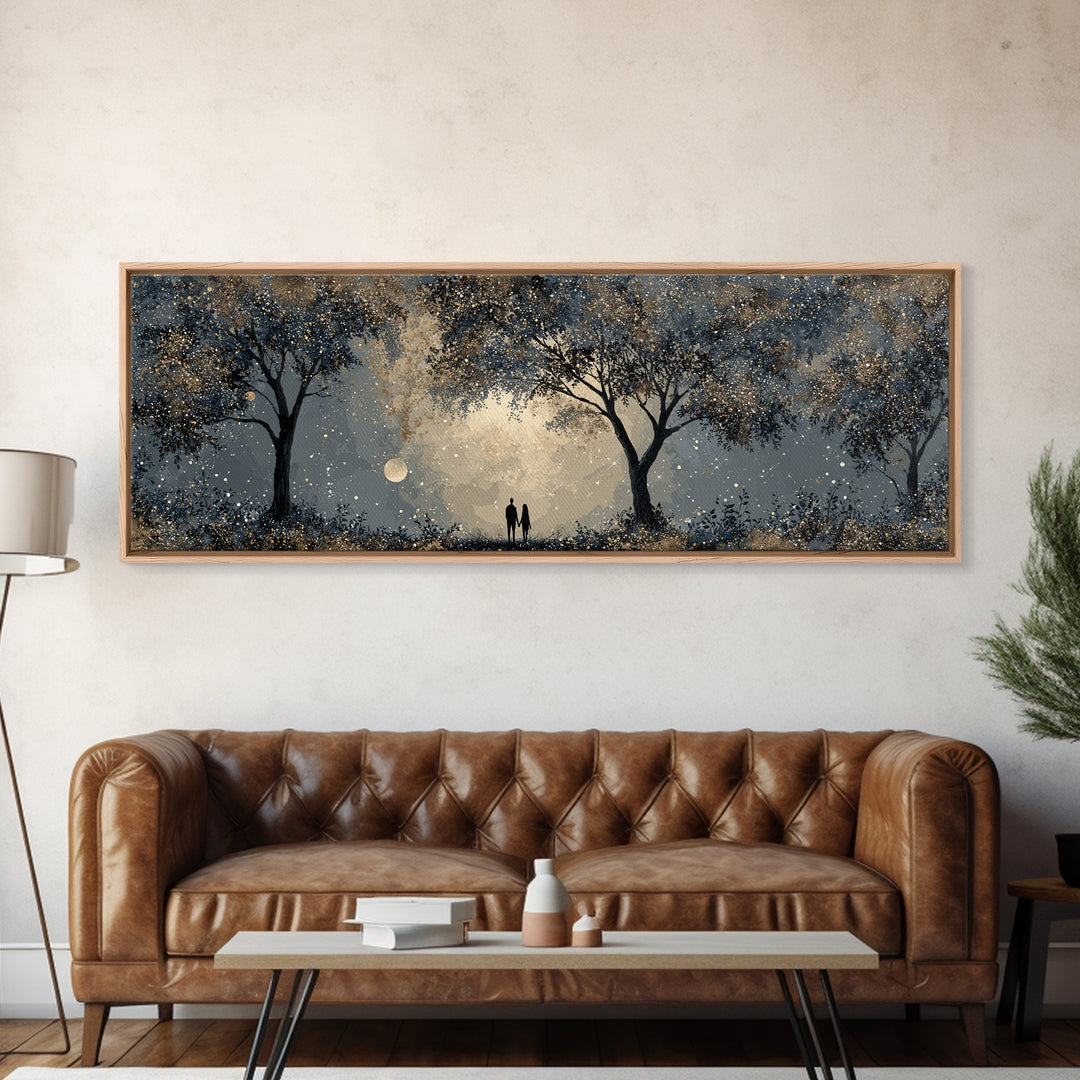 Couple Silhouette Beneath Moonlit Trees Canvas Print, Wedding Art, Wedding Reception, Living Room Decor, Fine Art, Romance, WED-3x1-93