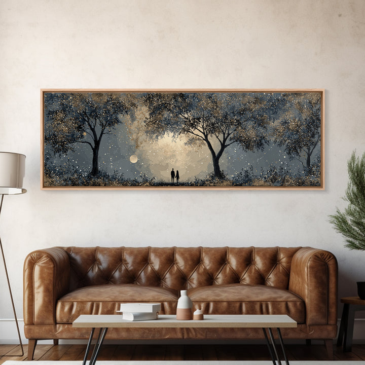 Couple Silhouette Beneath Moonlit Trees Canvas Print, Wedding Art, Wedding Reception, Living Room Decor, Fine Art, Romance, WED-3x1-93