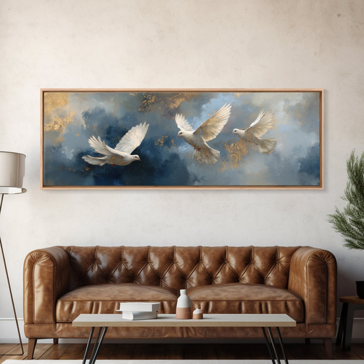 Doves Flying Through Soft Golden Light Framed Canvas Print, Wedding Art, Gallery Decor, Living Room Decor, Fine Art, Romance, WED-3x1-99