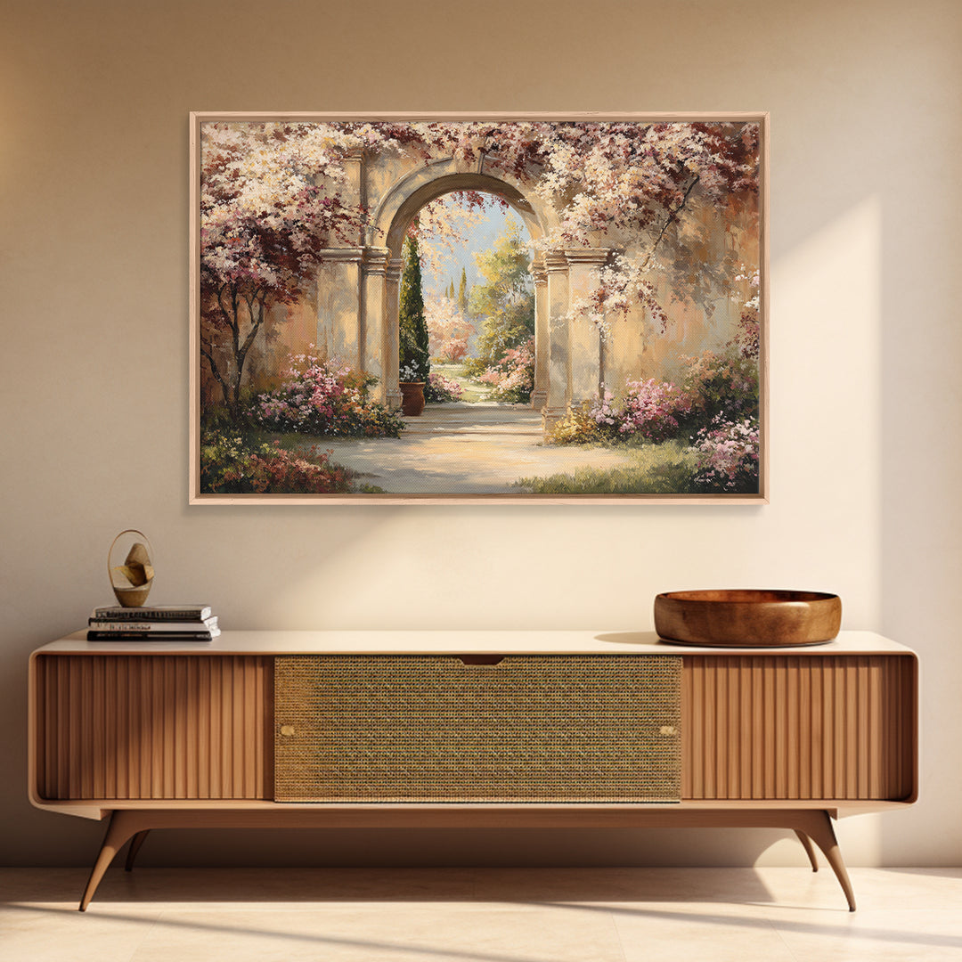 Romantic Garden Arch Covered Framed Canvas Print, Wedding Art, Wedding, Living Room Decor, Oil Painting, Romance, WED-3x2-14