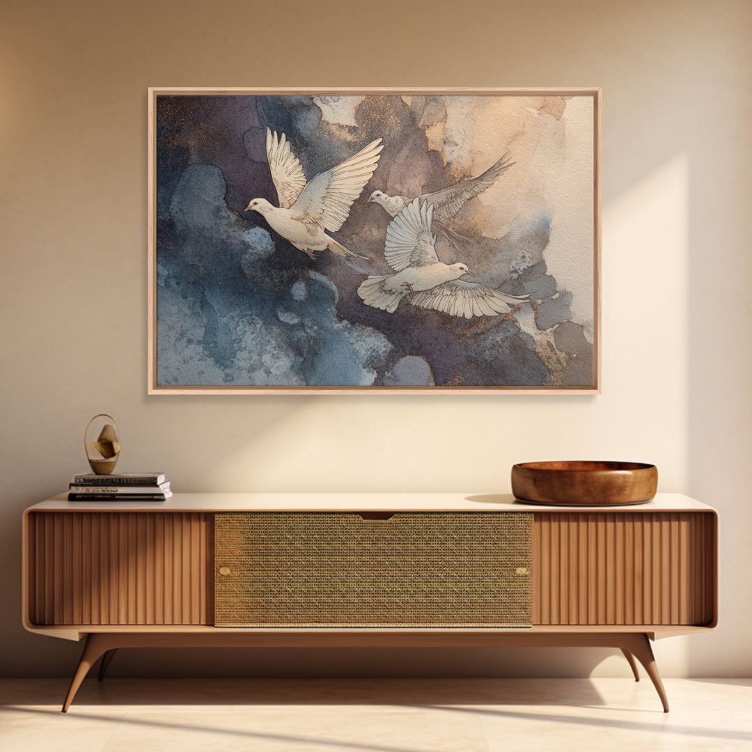 Doves Flying Through Soft Golden Light Framed Canvas Print, Wedding Art, Minimalist Decor, Living Room Decor, Fine Art, Romance, WED-3x2-15