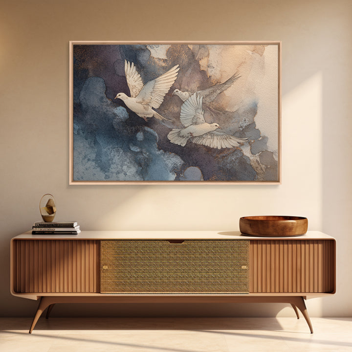 Doves Flying Through Soft Golden Light Framed Canvas Print, Wedding Art, Minimalist Decor, Living Room Decor, Fine Art, Romance, WED-3x2-15