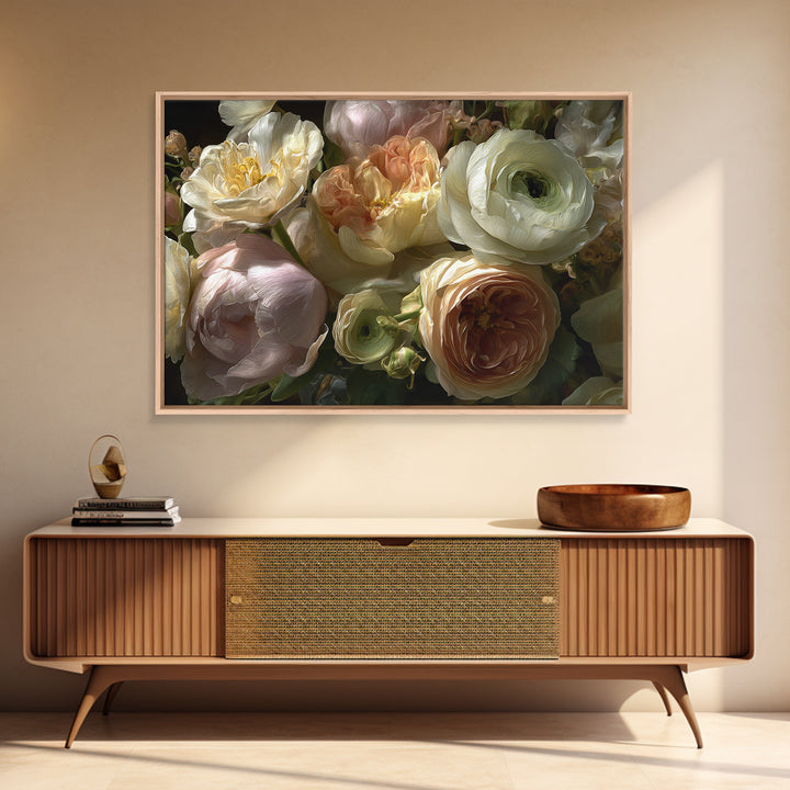 Peony and Ranunculus Bouquet Framed Canvas Print, Wedding Art, Wedding Guest Book, Living Room Decor, Fine Art, Romance, WED-3x2-24