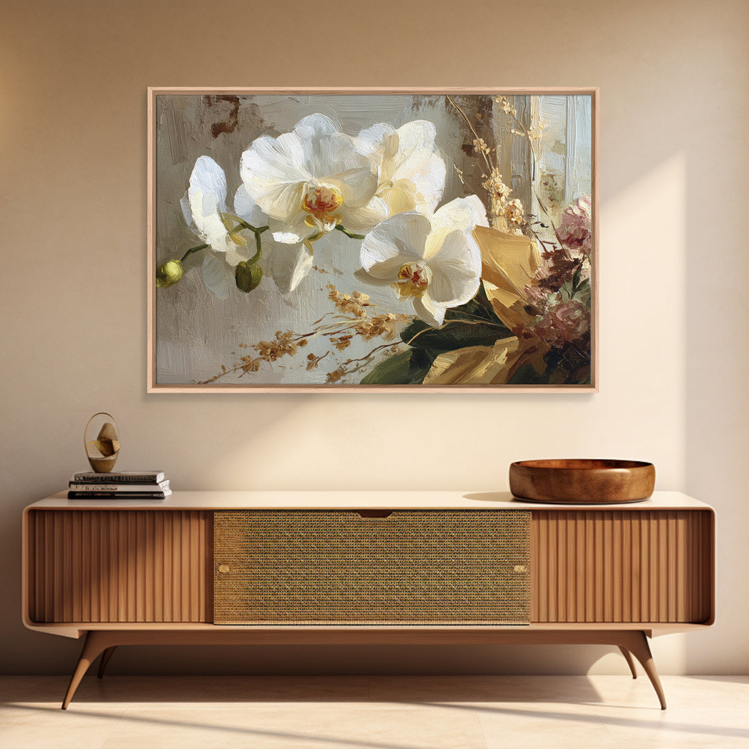 White Orchid and Gold Ribbon Composition Framed Canvas Print, Wedding Art, Wedding, Living Room Decor, Fine Art, Romance, WED-3x2-28