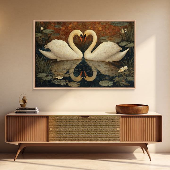 Two Swans Forming a Heart on Dark Canvas Print, Wedding Art, Custom Painting, Living Room Decor, Romance, Wedding Reception, WED-3x2-30