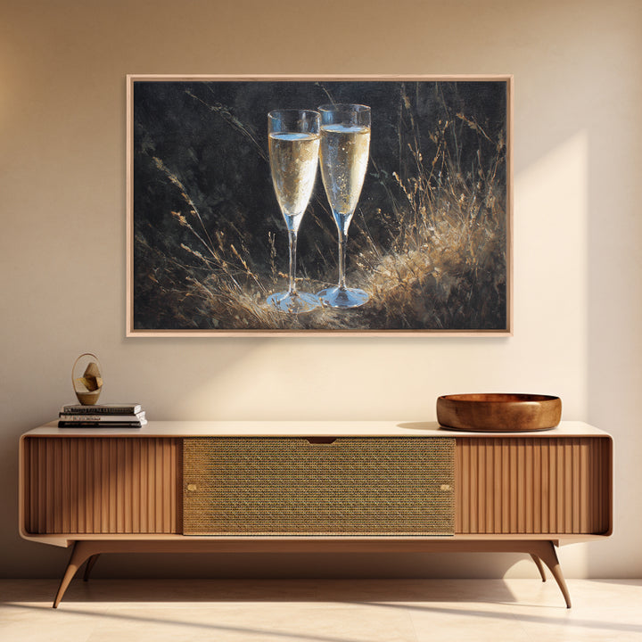 Champagne Glasses with Delicate Sparkle Canvas Print, Wedding Art, Custom Art, Living Room Decor, Watercolor Art, Romance, WED-3x2-34