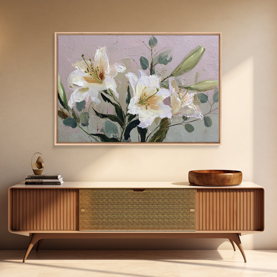 White Lilies and Eucalyptus Arrangement Canvas Print, Wedding Art, Wedding Guestbook, Living Room Decor, Oil Painting, Romance, WED-3x2-37
