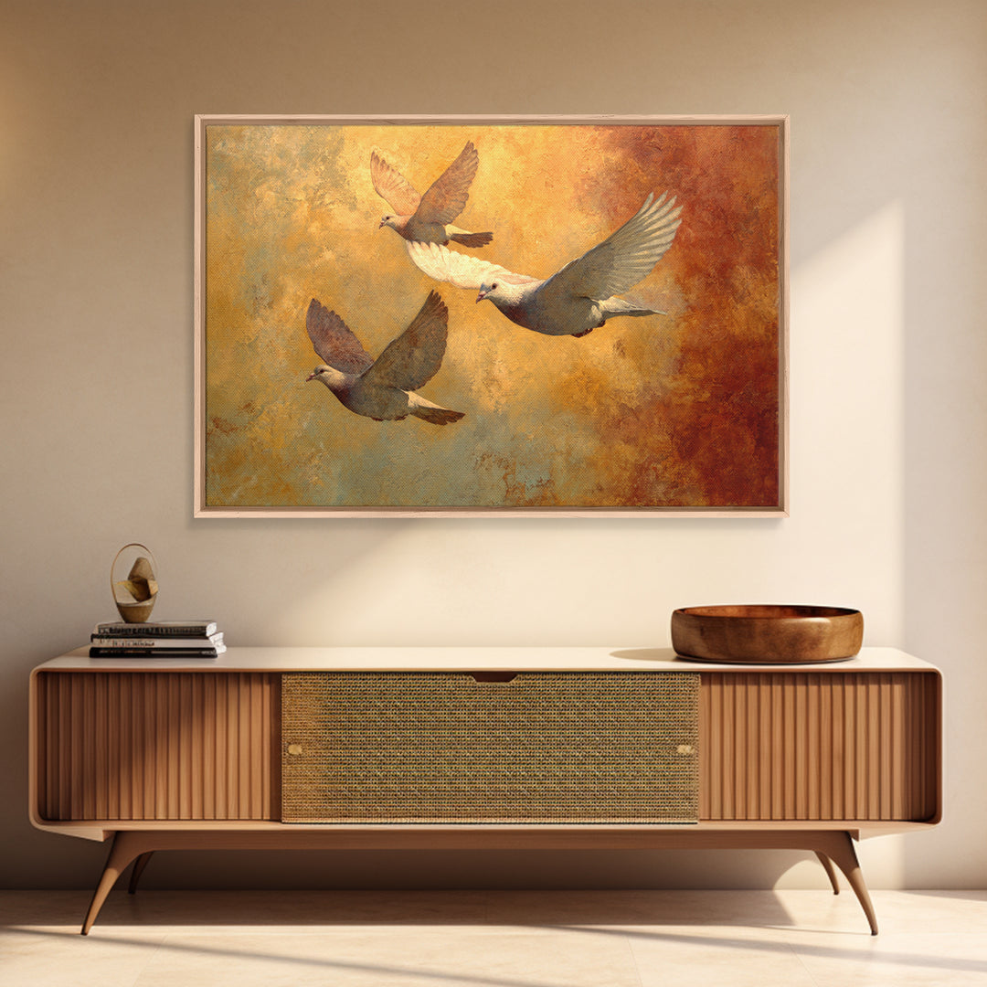 Doves Flying Through Soft Golden Light Framed Canvas Print, Wedding Art, Bride and Groom, Living Room Decor, Fine Art, Romance, WED-3x2-39