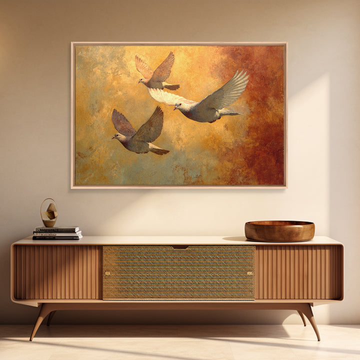Doves Flying Through Soft Golden Light Framed Canvas Print, Wedding Art, Bride and Groom, Living Room Decor, Fine Art, Romance, WED-3x2-39