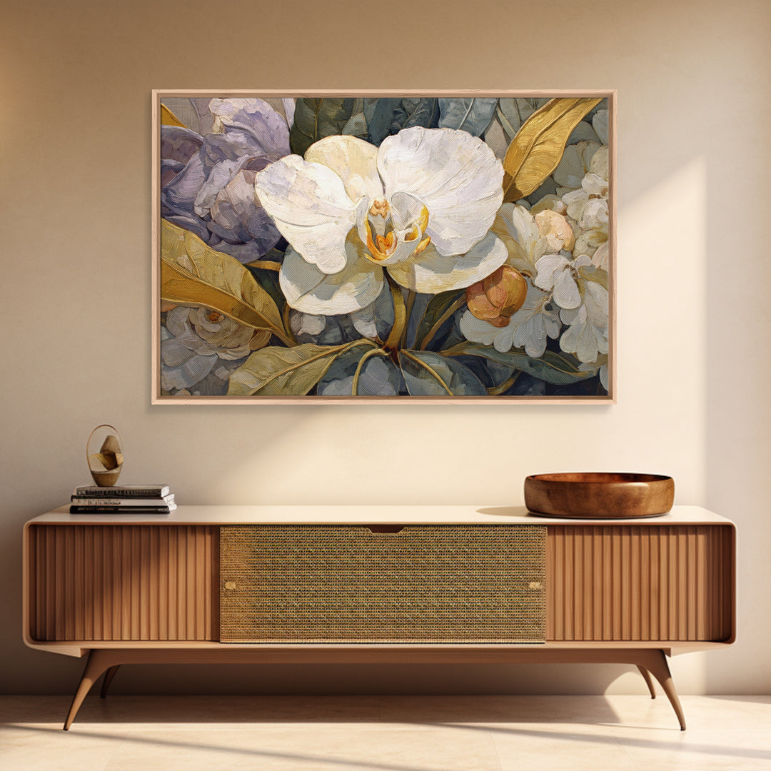 White Orchid and Gold Ribbon Composition Canvas Print, Wedding Art, Wedding Sign, Living Room Decor, Abstract Art, Romance, WED-3x2-52