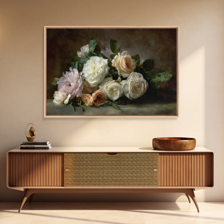 Romantic Bouquet of White Roses and Peonies Canvas Print, Wedding Art, Downloadable Art, Living Room Decor, Fine Art, Romance, WED-3x2-53