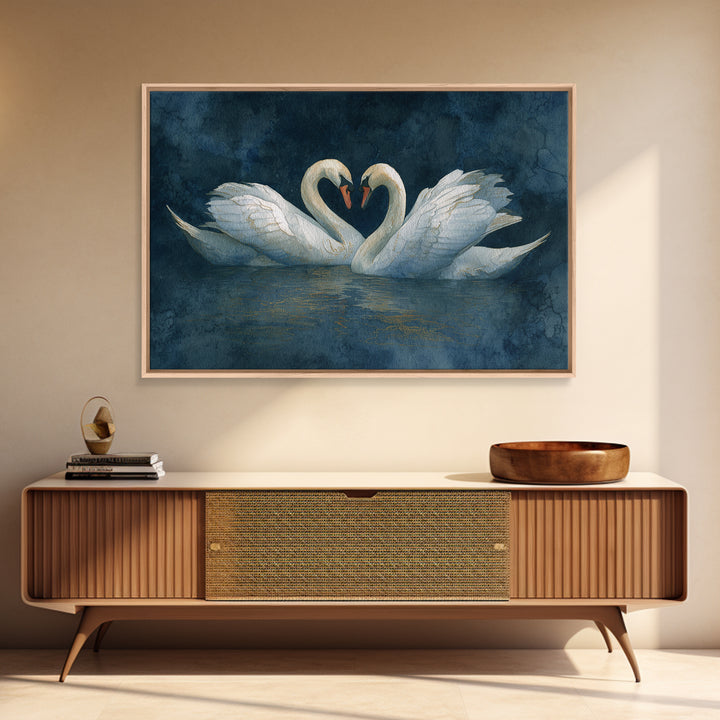 Two Swans Forming a Heart on Dark Framed Canvas Print, Wedding Art, Art Print, Living Room Decor, Romance, Downloadable Art, WED-3x2-6
