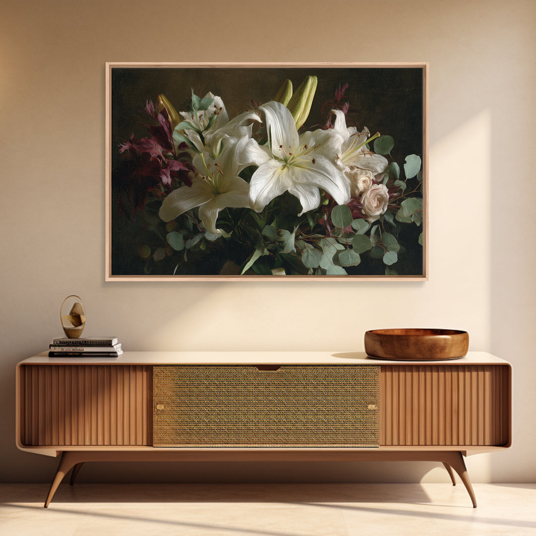 White Lilies and Eucalyptus Arrangement Canvas Print, Wedding Art, Wedding Guestbook, Living Room Decor, Oil Painting, Romance, WED-3x2-61