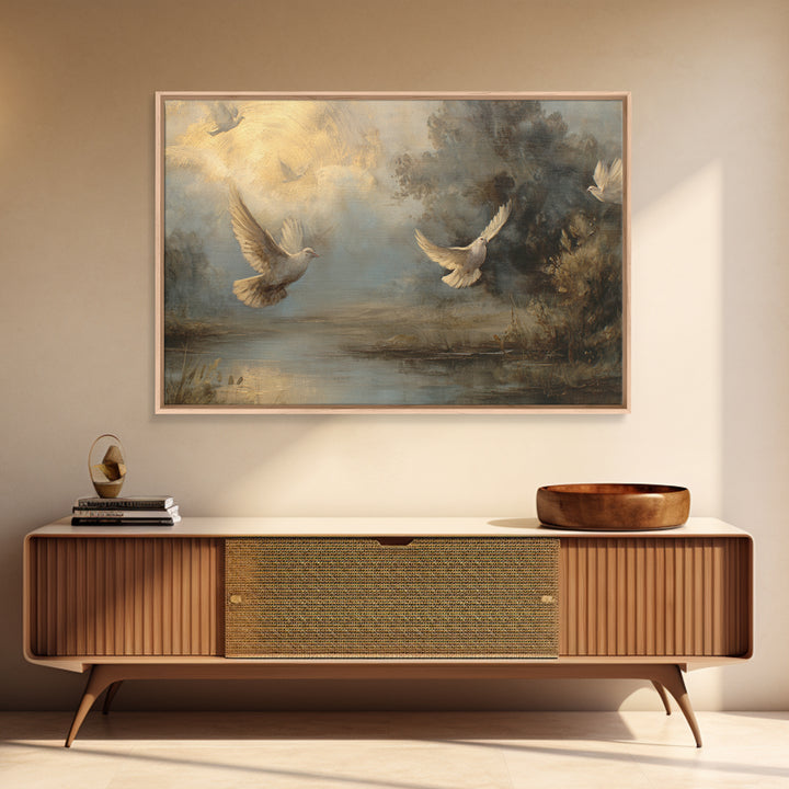 Doves Flying Through Soft Golden Light Framed Canvas Print, Wedding Art, Contemporary Art, Living Room Decor, Fine Art, Romance, WED-3x2-63