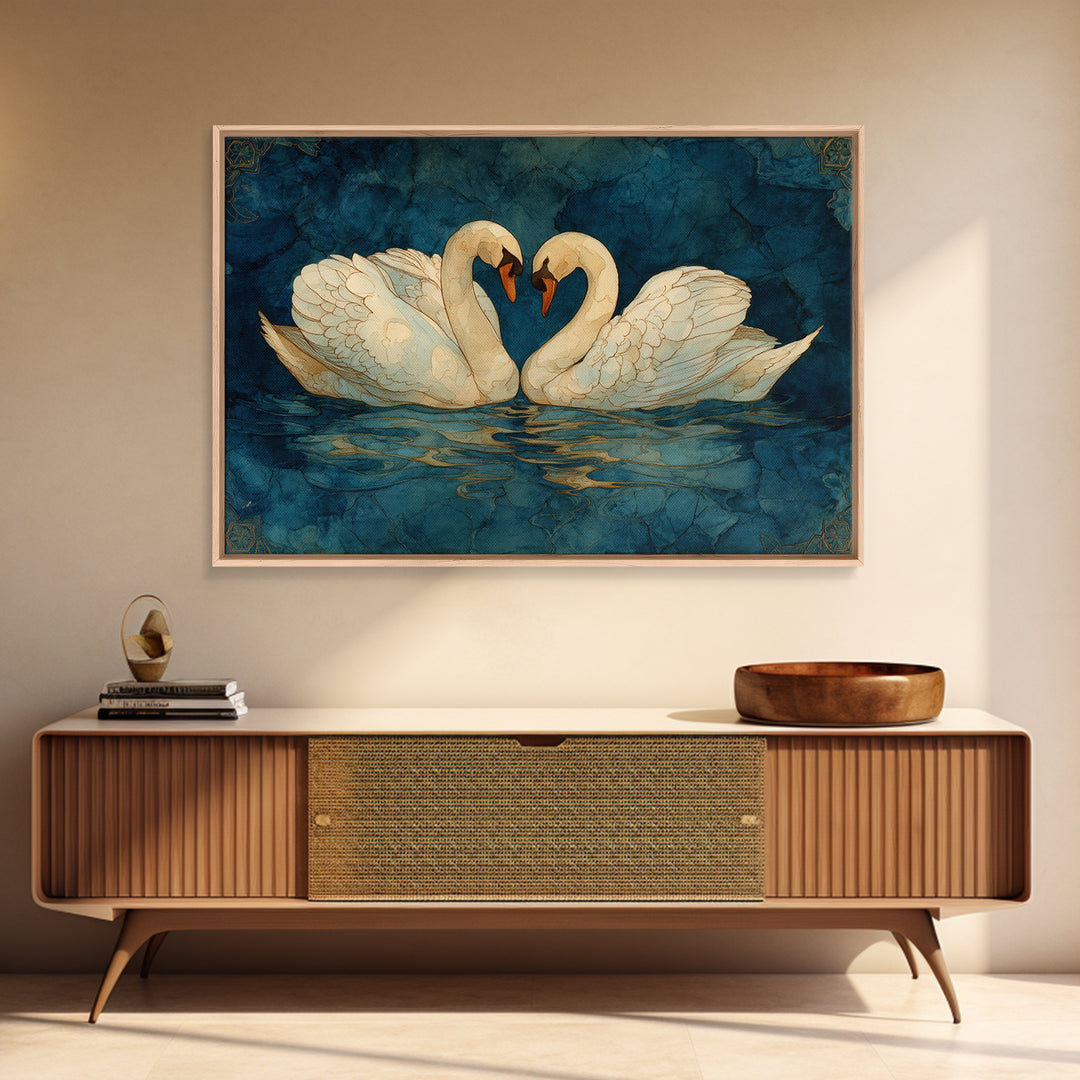 Two Swans Forming a Heart on Dark Framed Canvas Print, Wedding Art, Wedding Decoration, Living Room Decor, Fine Art, Romance, WED-3x2-78