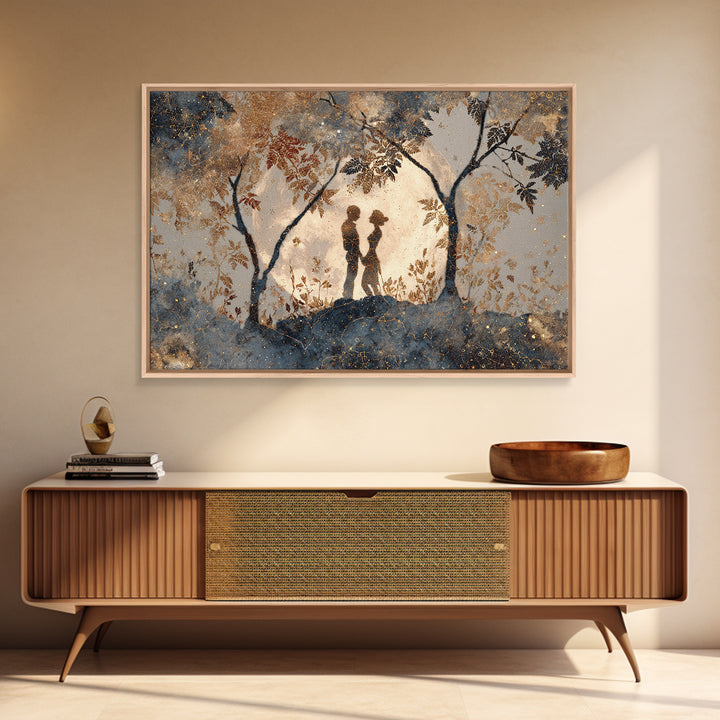 Couple Silhouette Beneath Moonlit Trees Framed Canvas Print, Wedding Art, Rustic Wedding, Living Room Decor, Fine Art, Romance, WED-3x2-81