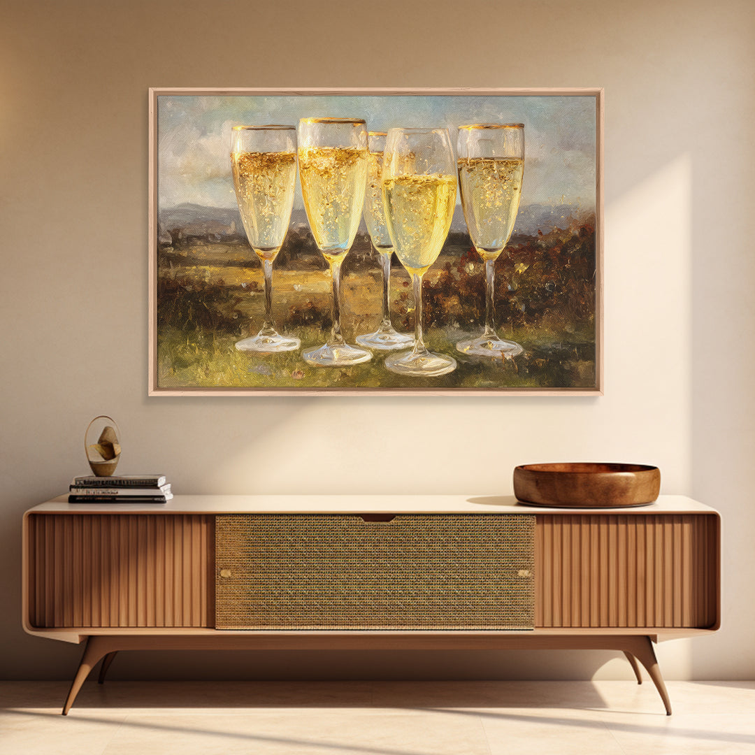 Champagne Glasses with Delicate Sparkle Framed Canvas Print, Wedding Art, Downloadable Art, Living Room Decor, Oil Painting, WED-3x2-82