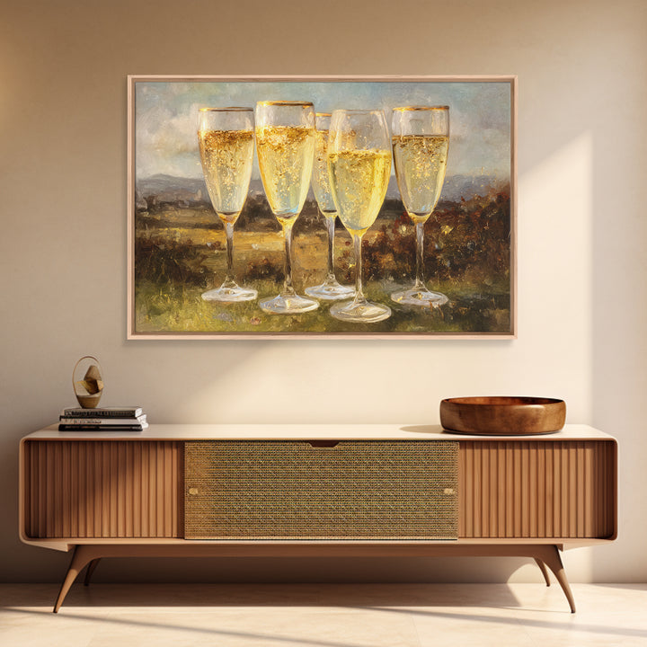 Champagne Glasses with Delicate Sparkle Framed Canvas Print, Wedding Art, Downloadable Art, Living Room Decor, Oil Painting, WED-3x2-82