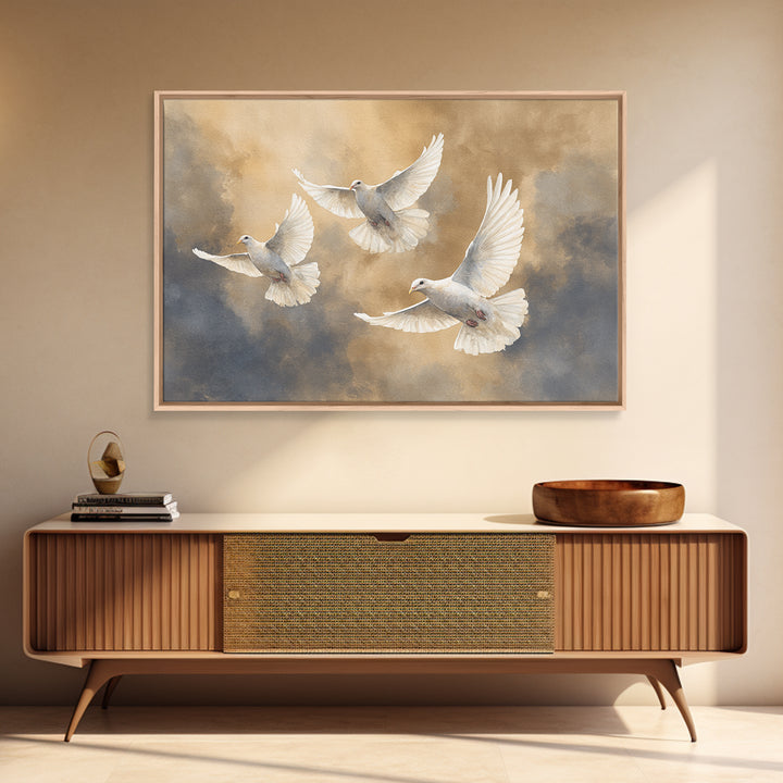 Doves Flying Through Soft Golden Light Framed Canvas Print, Wedding Art, Beach Wedding, Living Room Decor, Fine Art, Romance, WED-3x2-87