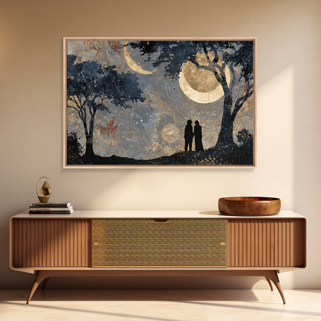 Couple Silhouette Beneath Moonlit Trees Framed Canvas Print, Wedding Art, Wedding Sign, Living Room Decor, Fine Art, Romance, WED-3x2-9