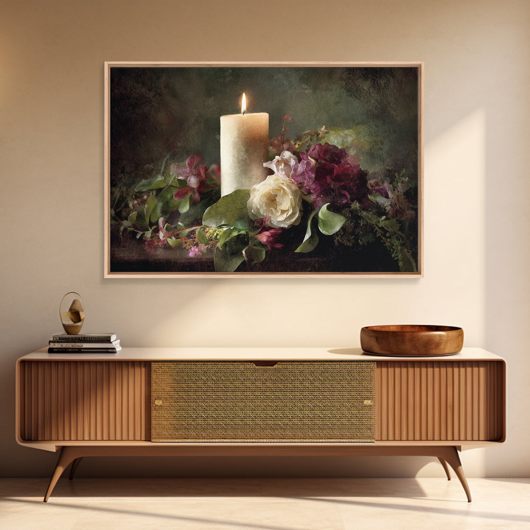 Romantic Candle and Floral Still Life Canvas Print, Wedding Art, Jewish Art, Living Room Decor, Oil Painting, Romance, WED-3x2-98
