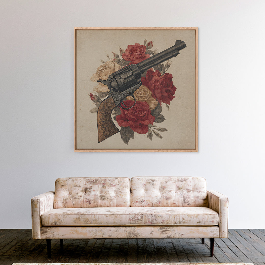 Old Revolver and Roses Canvas Print, Western Art, Landscape Painting, Southwestern Decor, Watercolor Art, Frontier, WES-1x1-19