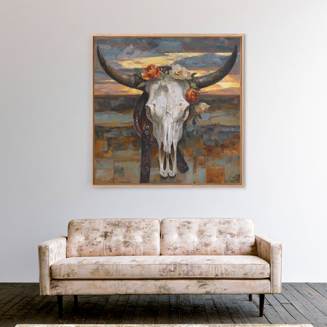 Longhorn Skull with Desert Flowers Framed Canvas Print, Western Art, Cowboy Art, Southwestern Decor, Oil Painting, Frontier, WES-1x1-27