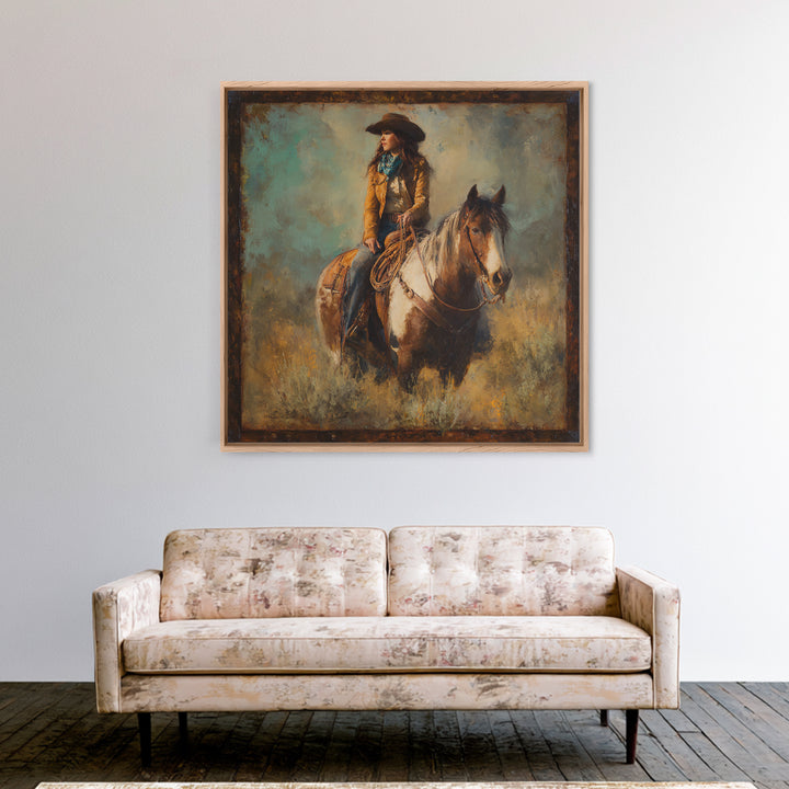 Cowgirl Portrait with Turquoise Jewelry Canvas Print, Western Art, Desert Art, Southwestern Decor, Oil Painting, Frontier, WES-1x1-30