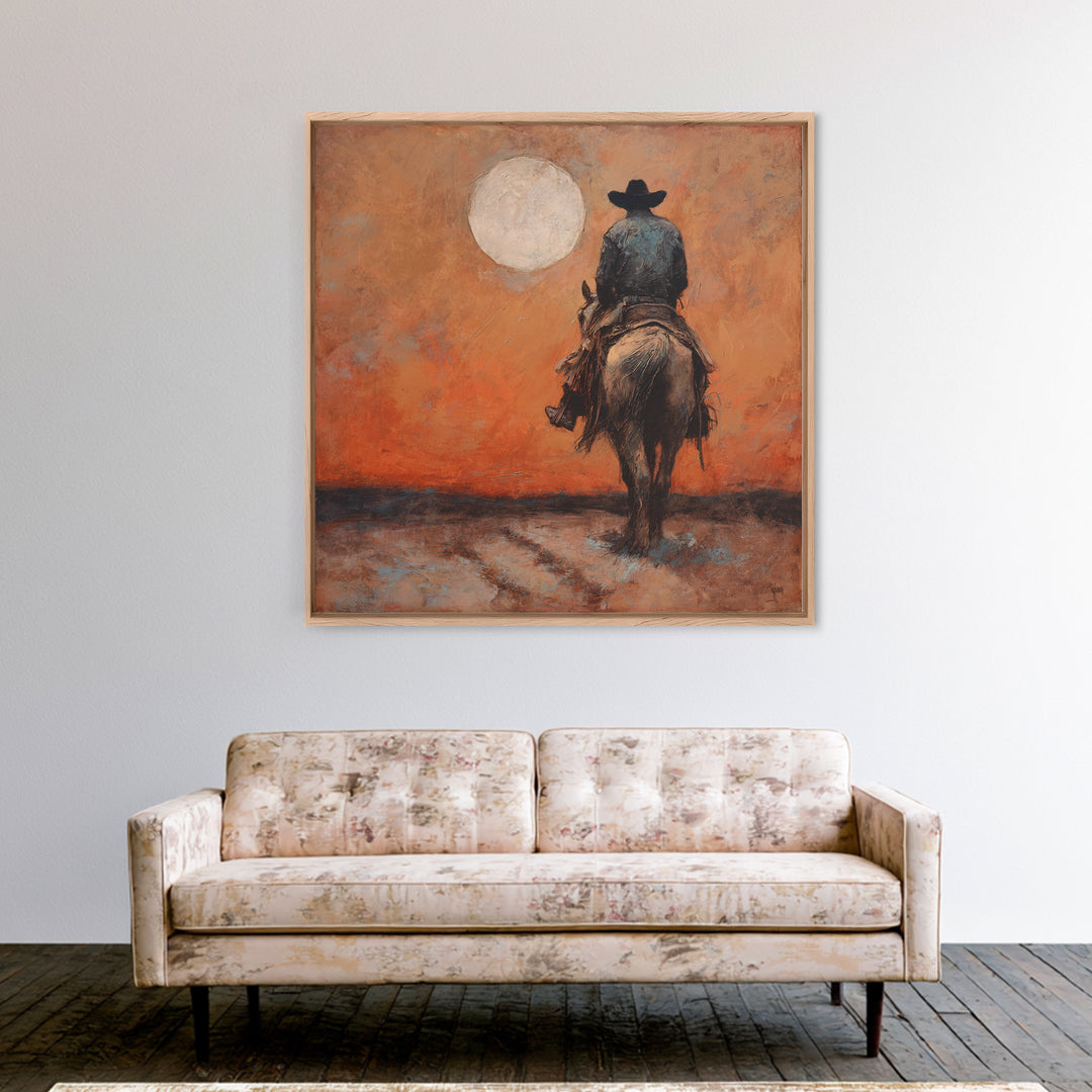 Desert Moon over Lone Rider Canvas Print, Western Art, Digital Download Art, Southwestern Decor, Frontier, Neutral Decor, WES-1x1-35