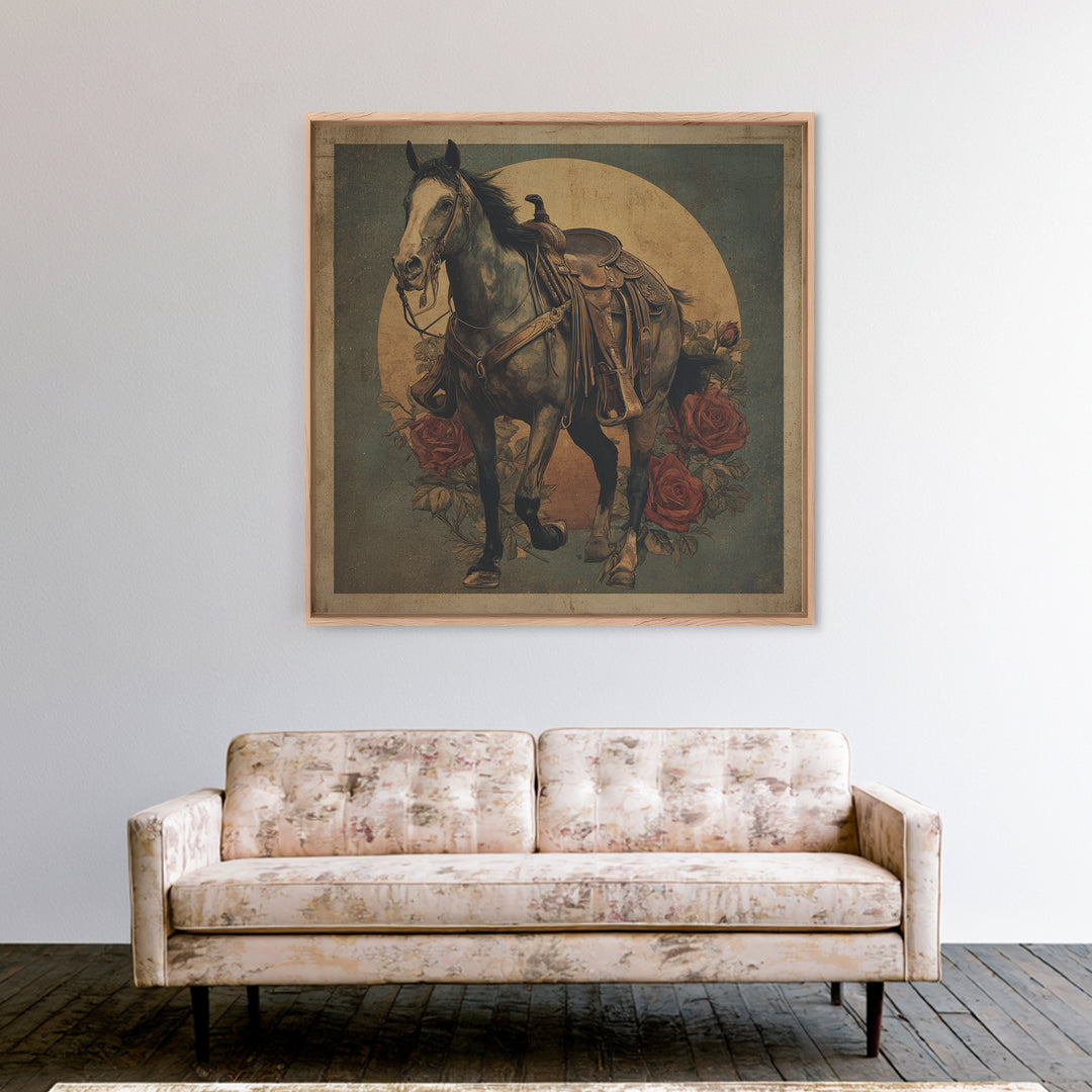 Old Revolver and Roses Framed Canvas Print, Western Art, Native American Art, Southwestern Decor, Oil Painting, Frontier, WES-1x1-43