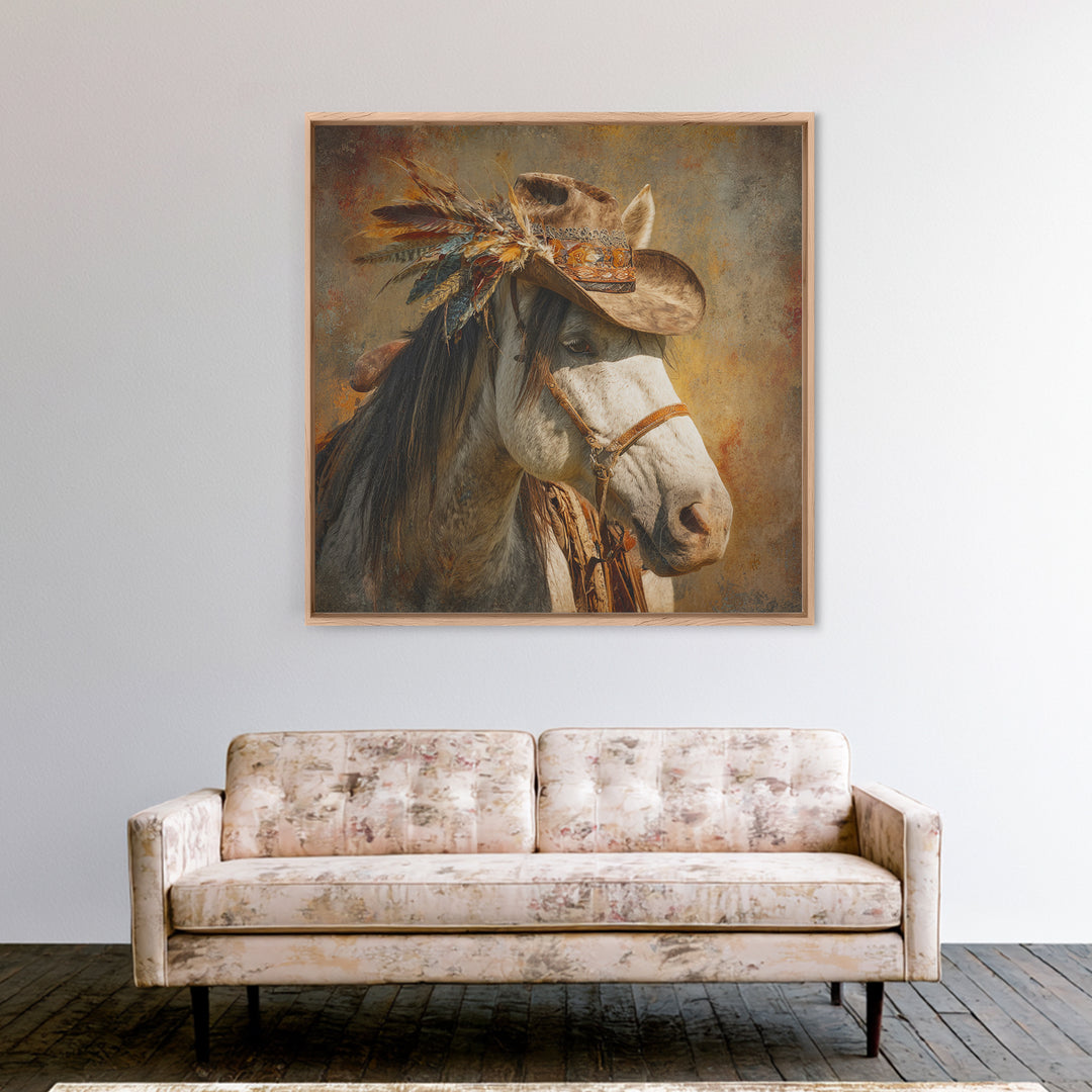 Cowboy Hat with Feathers and Beads Framed Canvas Print, Western Art, Western Print, Southwestern Decor, Fine Art, Frontier, WES-1x1-46