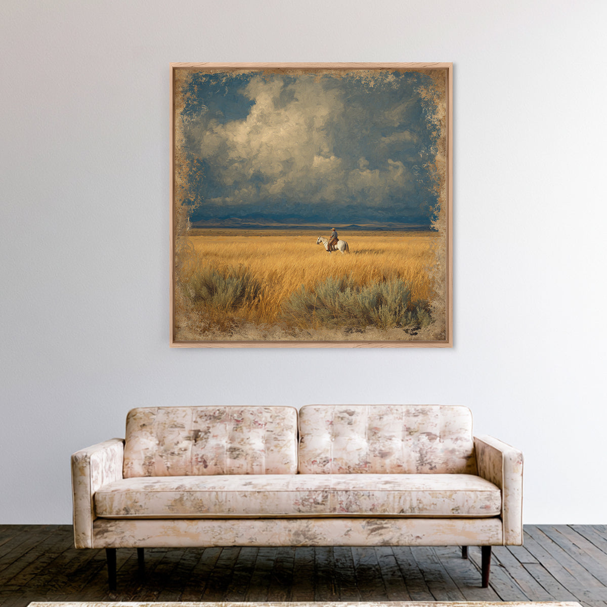 Golden Wheat Field Framed Canvas Print, Western Art, Wall Decor, Southwestern Decor, Fine Art, Frontier, Landscape Painting, WES-1x1-48