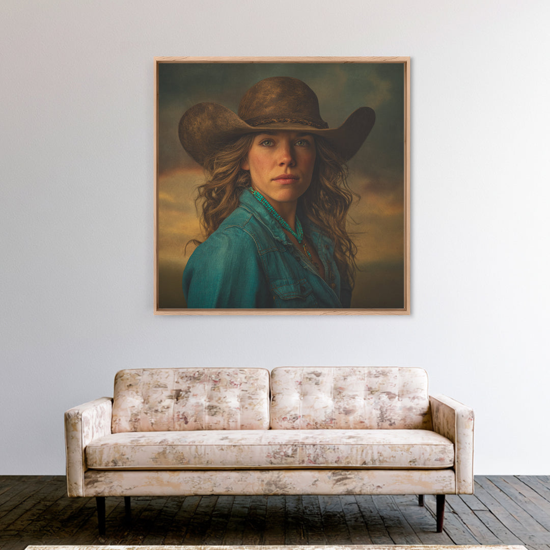 Cowgirl Portrait with Turquoise Jewelry Framed Canvas Print, Western Art, Southwestern Decor, Fine Art, Frontier, Boho Decor, WES-1x1-6