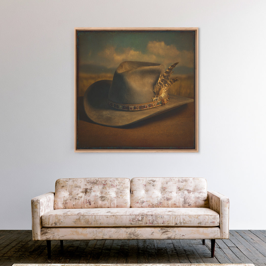 Cowboy Hat with Feathers and Beads Framed Canvas Print, Western Art, Western Print, Southwestern Decor, Fine Art, Frontier, WES-1x1-70
