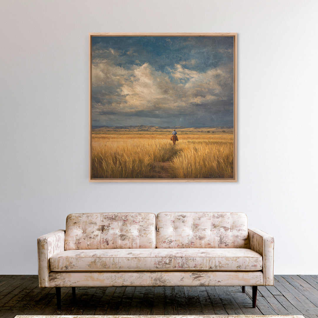 Golden Wheat Field Framed Canvas Print, Western Art, Printable Wall Art, Southwestern Decor, Frontier, Downloadable Art, WES-1x1-96