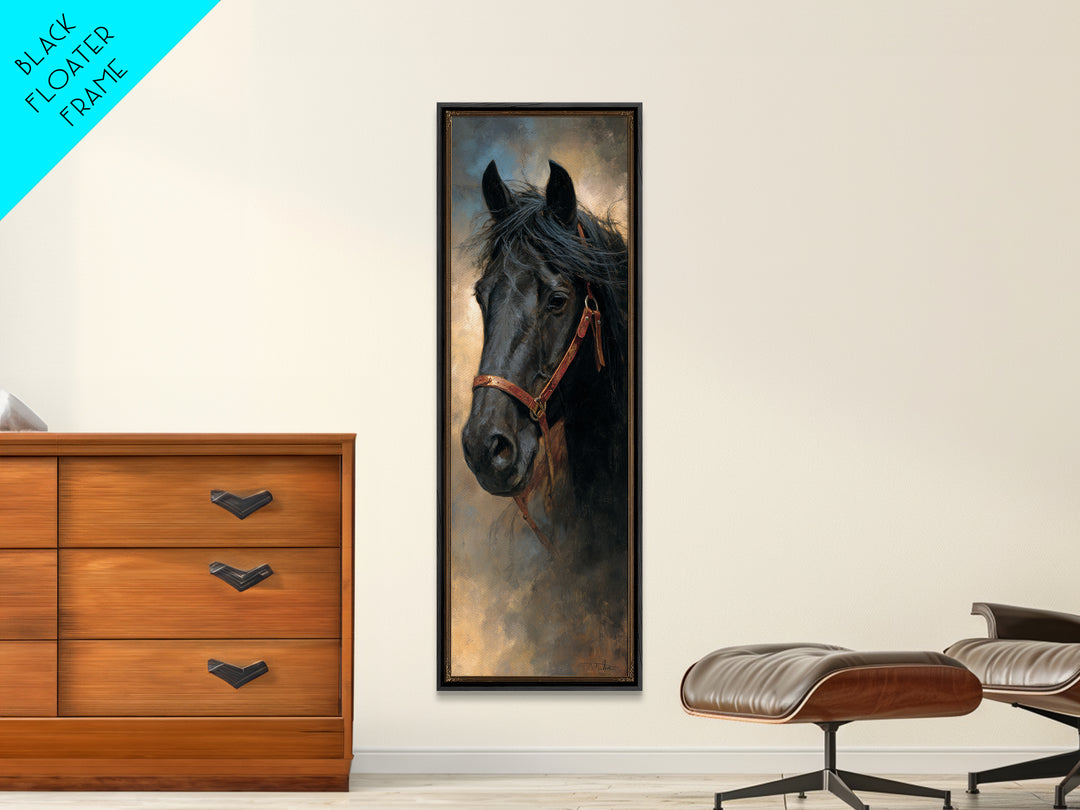Black Horse Portrait Framed Canvas Print, Western Art, Desert Art, Southwestern Decor, Oil Painting, Frontier, Minimalist Decor, WES-1x3-54