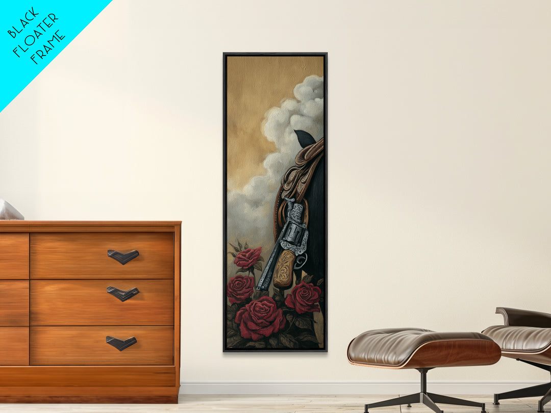 Old Revolver and Roses Framed Canvas Print, Western Art, Western Print, Southwestern Decor, Fine Art, Frontier, WES-1x3-79