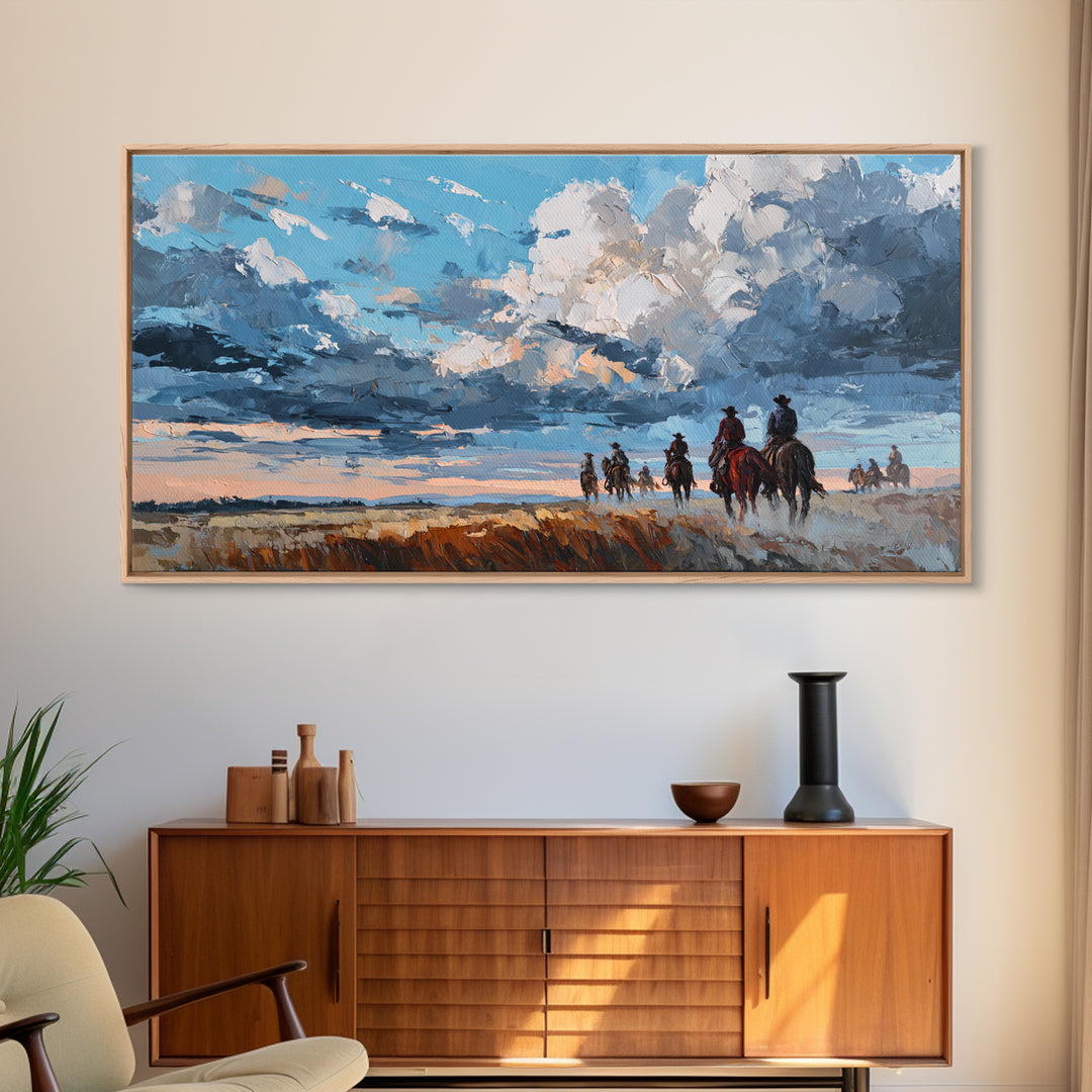 Cowboy Campfire under Starry Sky Framed Canvas Print, Western Art, Contemporary Art, Southwestern Decor, Fine Art, Frontier, WES-2x1-10