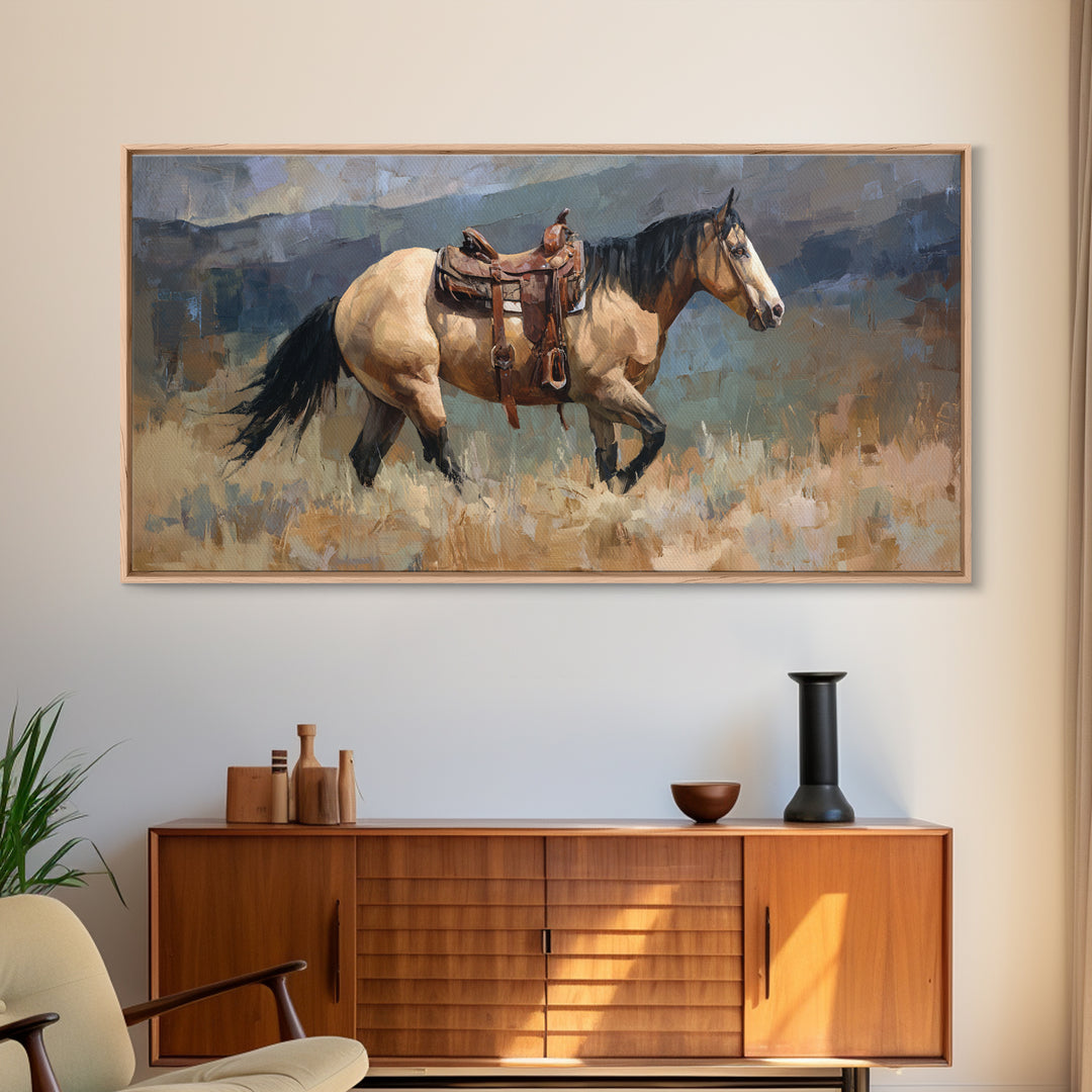 Buckskin Horse in Golden Prairie Light Framed Canvas Print, Western Art, Boho Decor, Southwestern Decor, Oil Painting, Frontier, WES-2x1-27