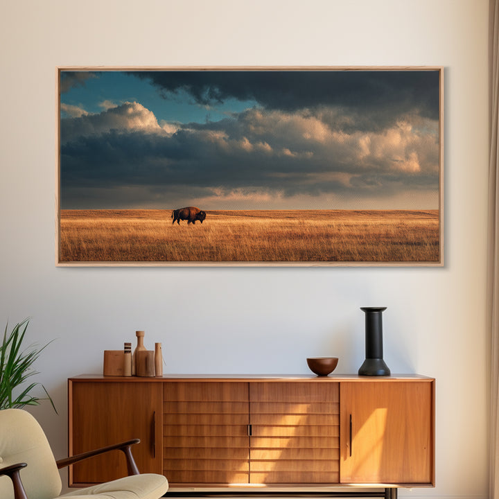 Buffalo Silhouette Beneath Enormous Sky Framed Canvas Print, Western Art, Contemporary Art, Southwestern Decor, Frontier, WES-2x1-28