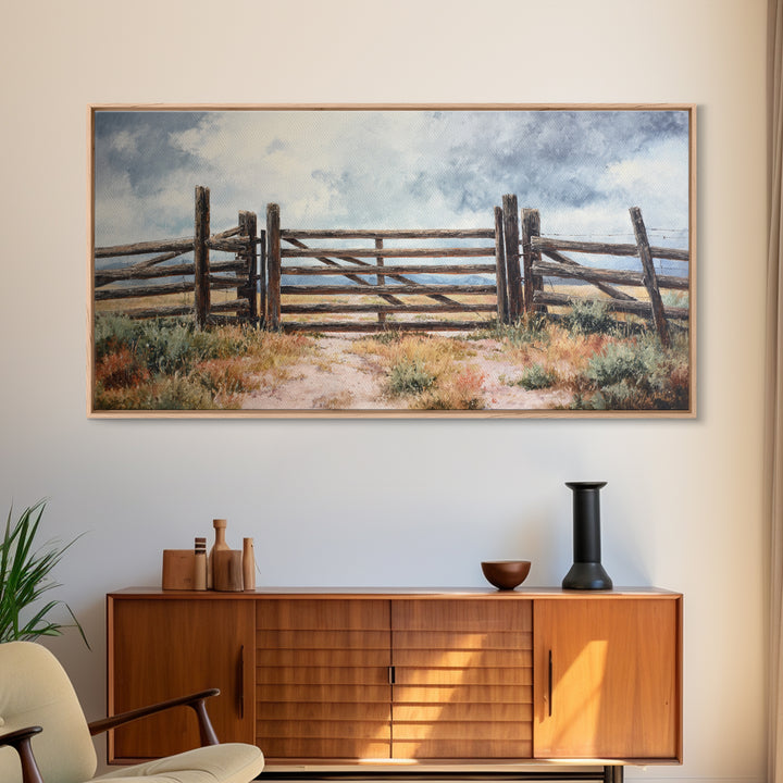 Sun Bleached Ranch Gate Framed Canvas Print, Western Art, Wall Art, Southwestern Decor, Watercolor Art, Frontier, WES-2x1-35